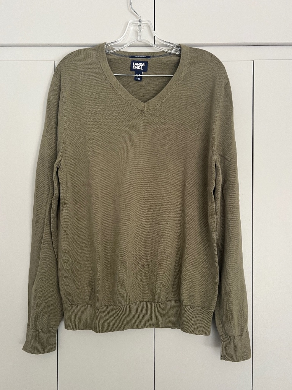 Lands' End Olive Green Fine Knit Supima Cotton V-Neck Pullover Sweater M Tall